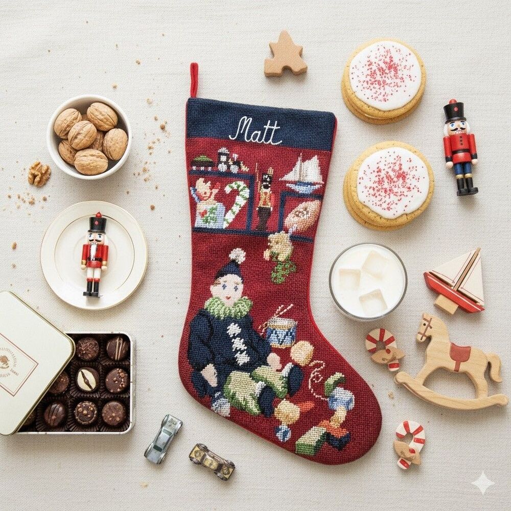 Vintage Needlepoint Christmas Stocking "Matt" Holiday Decor Gift